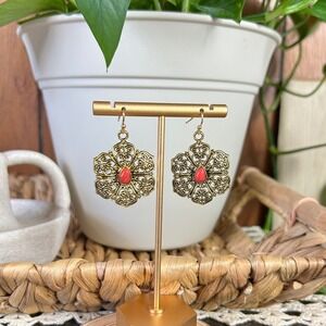 Boho Gold Tone Filigree Flower Earrings Red Gem Dangle Statement Jewelry